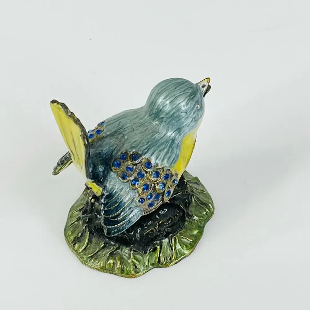 VTG Enameled Metal BLUE BIRD TRINKET BOX Crystal Rhinestone 3.2